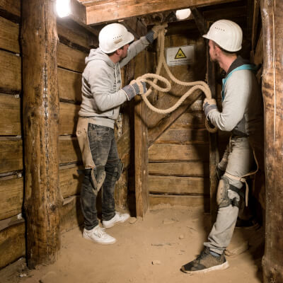 Zwei Besucher in Ausrstung mit Helm hantieren in einem Stollen mit einem Seil